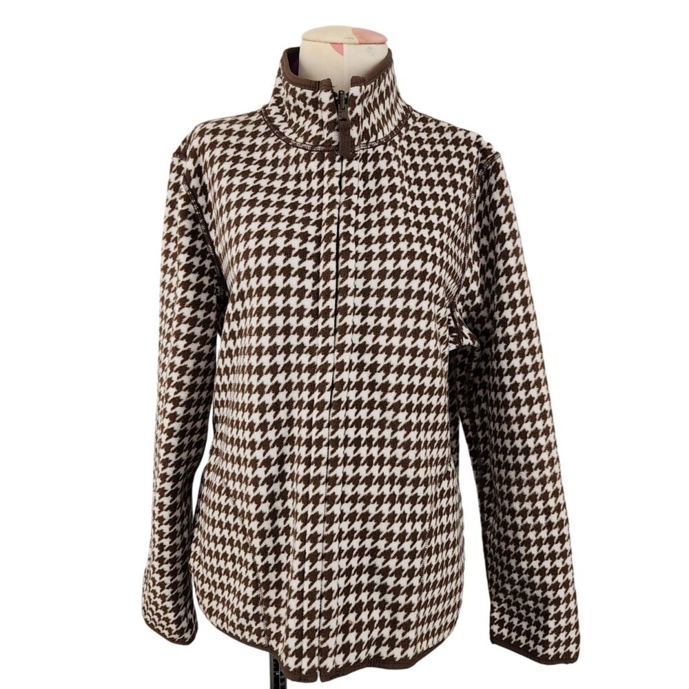 Women's White & Brown Houndstooth Fleece Jacket Reversible Purple Brown M/L